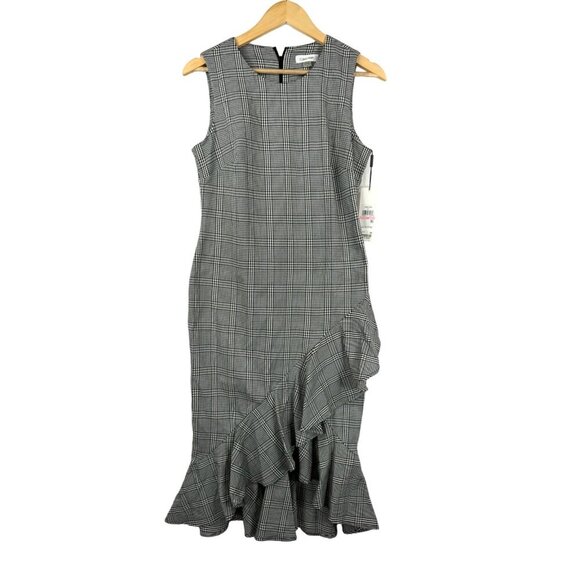 CALVIN KLEIN sheath dress ruffle plaid midi cocktail modest houndstooth sz 10 - Picture 1 of 9